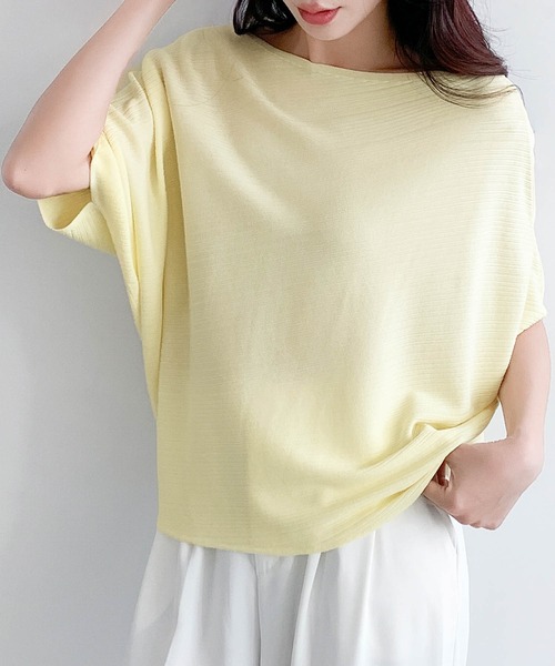 LOWO(ロワ)の「ボートネックドルマンスリーブ半袖カットソー(Tシャツ/カットソー・レディース・オフホワイト/グレー/チャコールグレー/ブラック/イエロー・FREE)」の19枚目の写真