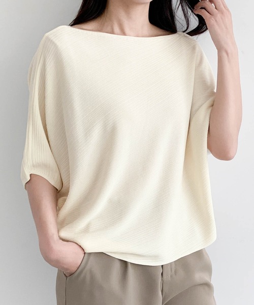 LOWO(ロワ)の「ボートネックドルマンスリーブ半袖カットソー(Tシャツ/カットソー・レディース・オフホワイト/グレー/チャコールグレー/ブラック/イエロー・FREE)」の21枚目の写真