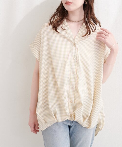 natural couture(ナチュラルクチュール)の「ギンガムチェック半袖シャツブラウス(シャツ/ブラウス・レディース・ネイビー/ベージュ/ブラック・MEDIUM)」の1枚目の写真