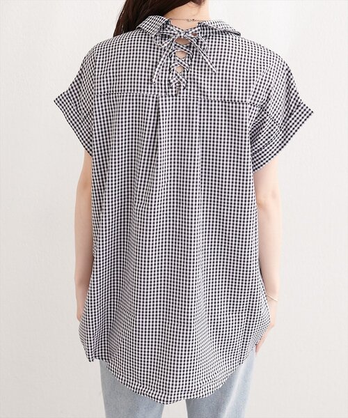 natural couture(ナチュラルクチュール)の「ギンガムチェック半袖シャツブラウス(シャツ/ブラウス・レディース・ネイビー/ベージュ/ブラック・MEDIUM)」の12枚目の写真