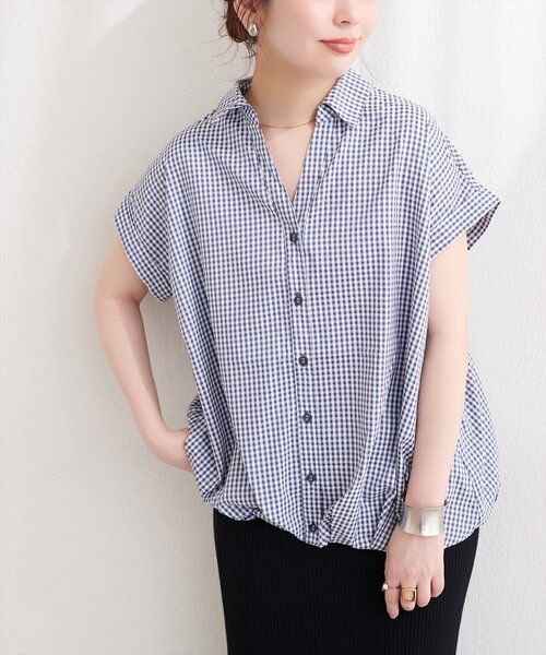 natural couture(ナチュラルクチュール)の「ギンガムチェック半袖シャツブラウス(シャツ/ブラウス・レディース・ネイビー/ベージュ/ブラック・MEDIUM)」の19枚目の写真