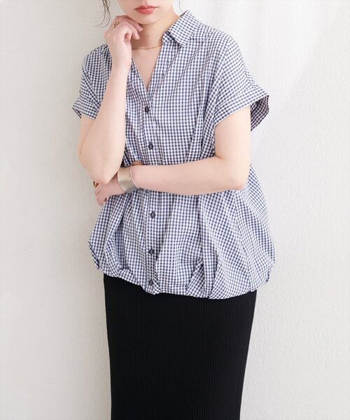 natural couture(ナチュラルクチュール)の「ギンガムチェック半袖シャツブラウス(シャツ/ブラウス・レディース・ネイビー/ベージュ/ブラック・MEDIUM)」の20枚目の写真
