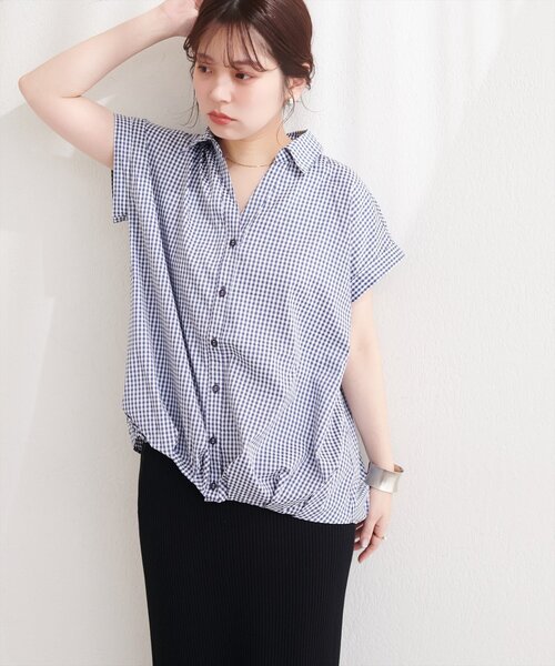 natural couture(ナチュラルクチュール)の「ギンガムチェック半袖シャツブラウス(シャツ/ブラウス・レディース・ネイビー/ベージュ/ブラック・MEDIUM)」の21枚目の写真