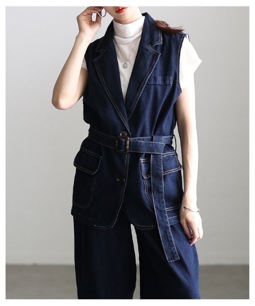 Sawa a la mode（サワアラモード）の「デニムベスト＆ワイドパンツセットアップ（セットアップ・レディース・ネイビー・FREE）」の7枚目の写真