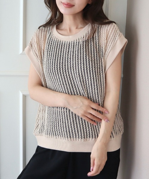 CECIL McBEE(セシルマクビー)の「クロシェ風レースフレンチスリーブプルオーバー(ニット/セーター・レディース・ブラック/ベージュ・MEDIUM/LARGE)」の1枚目の写真