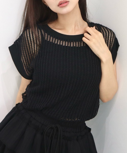 CECIL McBEE(セシルマクビー)の「クロシェ風レースフレンチスリーブプルオーバー(ニット/セーター・レディース・ブラック/ベージュ・MEDIUM/LARGE)」の2枚目の写真