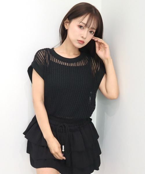 CECIL McBEE(セシルマクビー)の「クロシェ風レースフレンチスリーブプルオーバー(ニット/セーター・レディース・ブラック/ベージュ・MEDIUM/LARGE)」の3枚目の写真