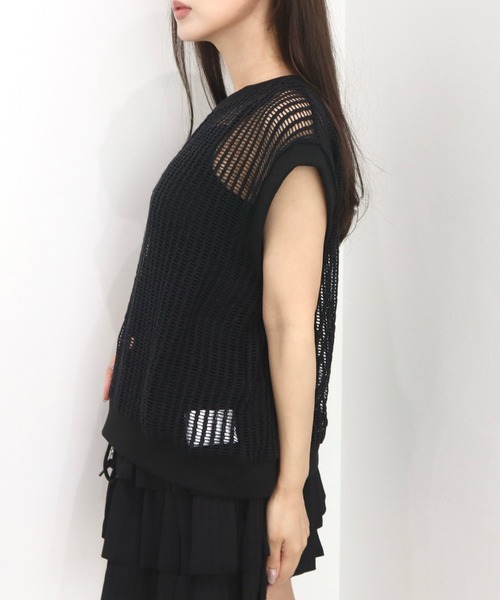 CECIL McBEE(セシルマクビー)の「クロシェ風レースフレンチスリーブプルオーバー(ニット/セーター・レディース・ブラック/ベージュ・MEDIUM/LARGE)」の4枚目の写真