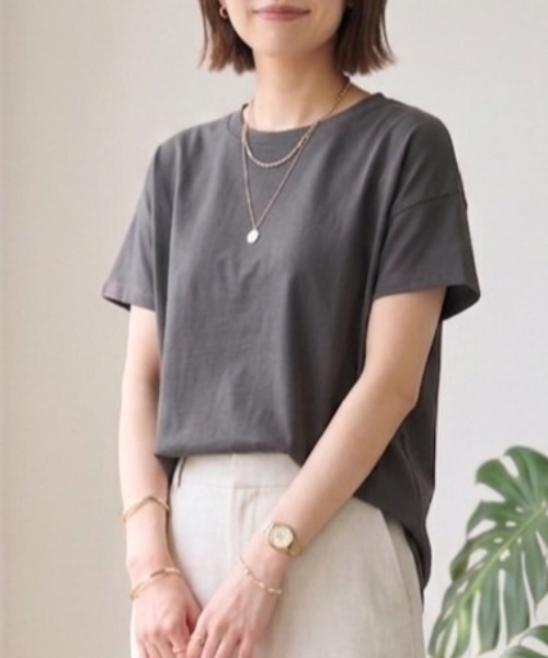 MULEXS(ミューレクス)の「【接触冷感】綿モダール 前後差ヘム 半袖 Tシャツ/カットソー(Tシャツ/カットソー・レディース・パープル/ダークグリーン/チャコールグレー/ブラック・3L/LL/L/M)」の2枚目の写真