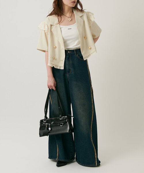 w closet(ダブルクローゼット)の「【2サイズ展開】フリルテーラードジャケット(テーラードジャケット・レディース・グレー/ブラウン/ベージュ・MEDIUM/SMALL)」の4枚目の写真