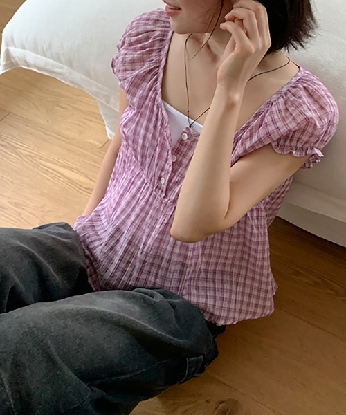 LAFFMO(ラフモ)の「パフスリーブチェックブラウス(シャツ/ブラウス・レディース・ブラック/ピンク・F)」の5枚目の写真