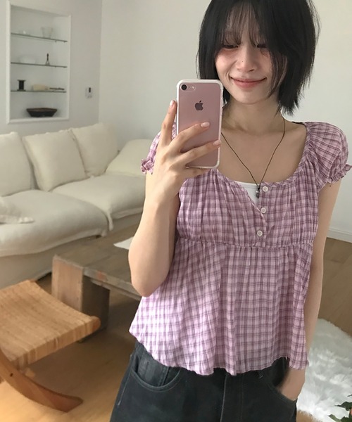 LAFFMO(ラフモ)の「パフスリーブチェックブラウス(シャツ/ブラウス・レディース・ブラック/ピンク・F)」の17枚目の写真