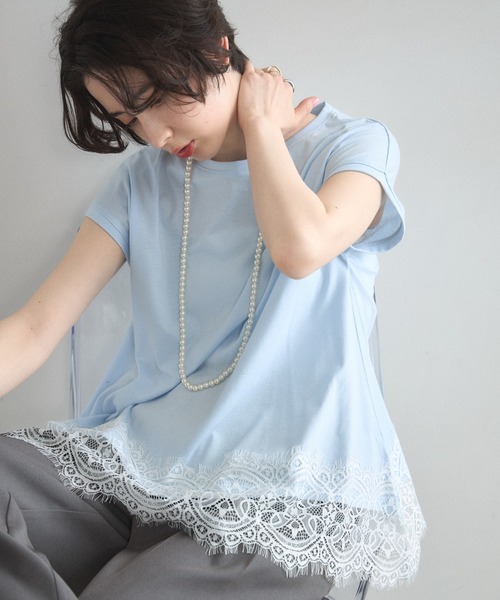 &. NOSTALGIA（アンドドットノスタルジア）の「裾レース半袖Ｔシャツ（Tシャツ/カットソー・レディース・ピンク/オフホワイト/ブルー/ブラック・M）」の4枚目の写真