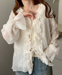 フラワー刺繍 ラッフル レース シアー カーディガン【NOUA】