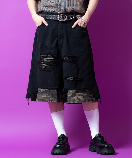 a.p.o.v.(エーピーオービー)の「a.p.o.v. カモフラハードダメージレイヤーデニムバギーハーフパンツ(その他パンツ・メンズ・ブラック/カモフラージュ・ONESIZE)」の2枚目の写真