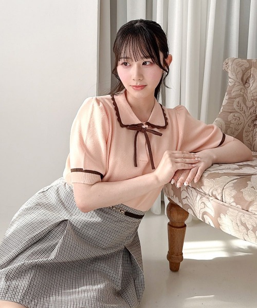 F i.n.t(フィント)の「【接触冷感】レトロバイカラーニットポロ/fint フィント(ポロシャツ・レディース・アイボリー/ミント/ライトピンク・FREE)」の1枚目の写真