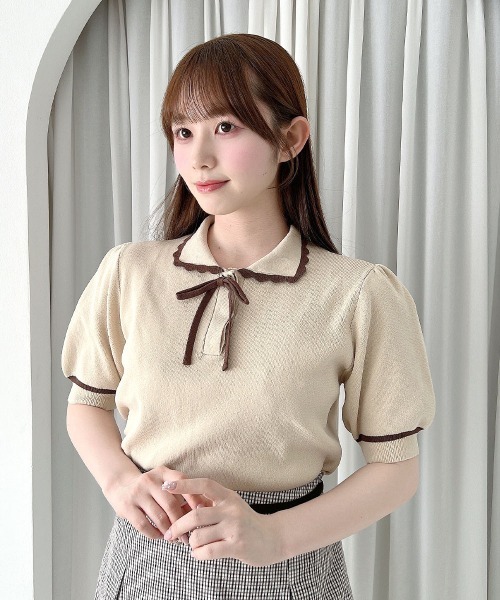 F i.n.t(フィント)の「【接触冷感】レトロバイカラーニットポロ/fint フィント(ポロシャツ・レディース・アイボリー/ミント/ライトピンク・FREE)」の2枚目の写真