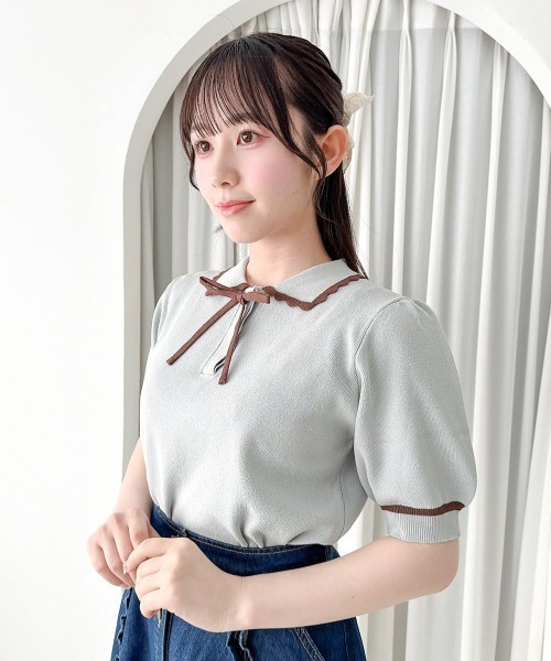 F i.n.t(フィント)の「【接触冷感】レトロバイカラーニットポロ/fint フィント(ポロシャツ・レディース・アイボリー/ミント/ライトピンク・FREE)」の3枚目の写真