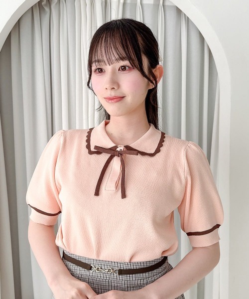 F i.n.t(フィント)の「【接触冷感】レトロバイカラーニットポロ/fint フィント(ポロシャツ・レディース・アイボリー/ミント/ライトピンク・FREE)」の4枚目の写真