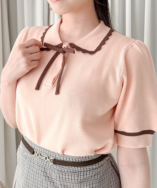 F i.n.t(フィント)の「【接触冷感】レトロバイカラーニットポロ/fint フィント(ポロシャツ・レディース・アイボリー/ミント/ライトピンク・FREE)」の5枚目の写真