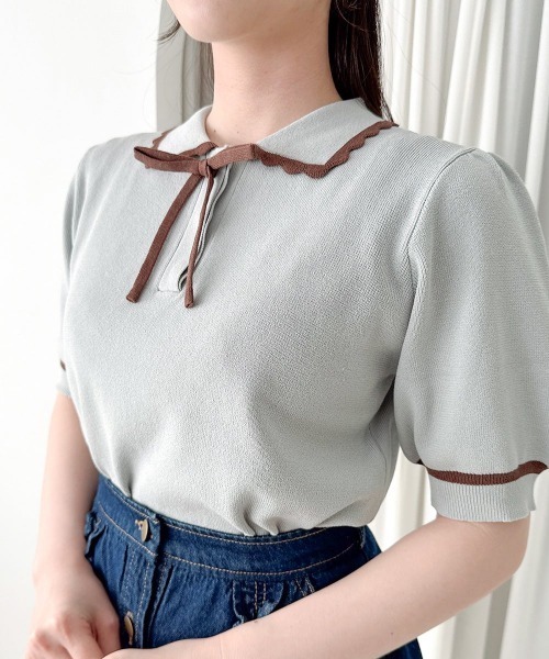 F i.n.t(フィント)の「【接触冷感】レトロバイカラーニットポロ/fint フィント(ポロシャツ・レディース・アイボリー/ミント/ライトピンク・FREE)」の9枚目の写真