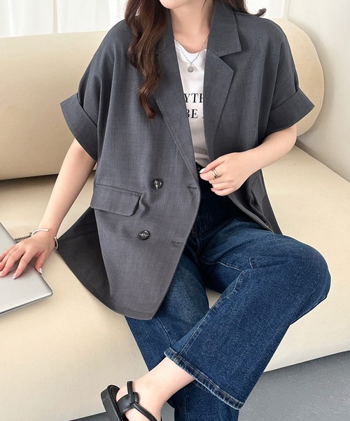 DAY CLOSET(デイ クローゼット)の「【ナチュ可愛いリネンライク仕様】半袖 ダブルボタン テーラードジャケット レディース(テーラードジャケット・レディース・ベージュ/グレイッシュベージュ/ダークグレー・L/M)」の6枚目の写真