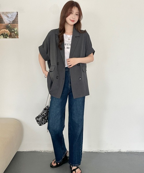 DAY CLOSET(デイ クローゼット)の「【ナチュ可愛いリネンライク仕様】半袖 ダブルボタン テーラードジャケット レディース(テーラードジャケット・レディース・ベージュ/グレイッシュベージュ/ダークグレー・L/M)」の9枚目の写真