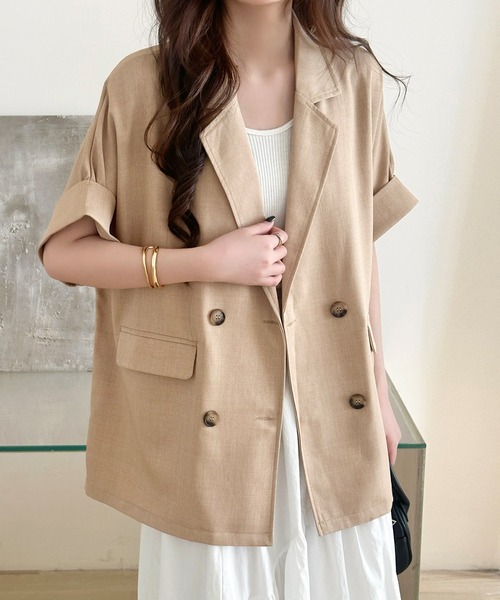 DAY CLOSET(デイ クローゼット)の「【ナチュ可愛いリネンライク仕様】半袖 ダブルボタン テーラードジャケット レディース(テーラードジャケット・レディース・ベージュ/グレイッシュベージュ/ダークグレー・L/M)」の11枚目の写真