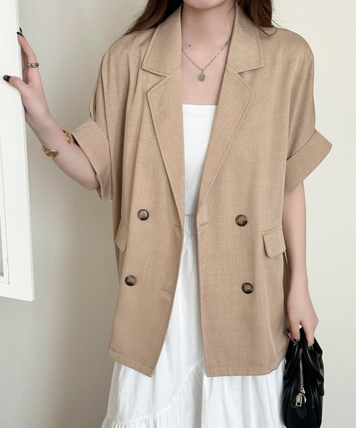 DAY CLOSET(デイ クローゼット)の「【ナチュ可愛いリネンライク仕様】半袖 ダブルボタン テーラードジャケット レディース(テーラードジャケット・レディース・ベージュ/グレイッシュベージュ/ダークグレー・L/M)」の12枚目の写真