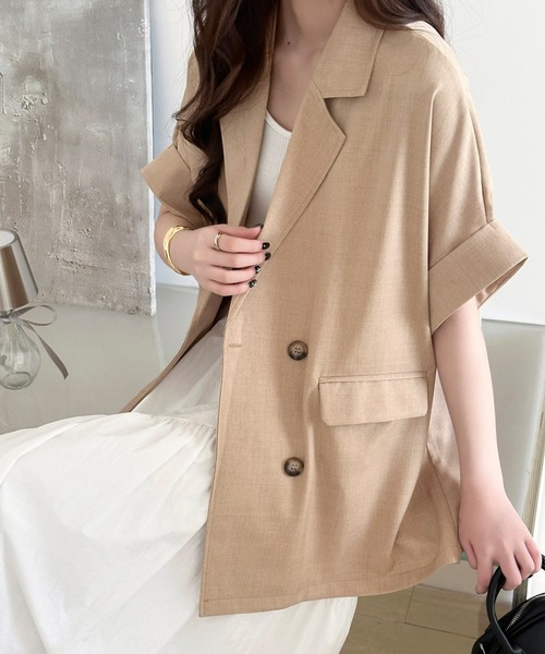 DAY CLOSET(デイ クローゼット)の「【ナチュ可愛いリネンライク仕様】半袖 ダブルボタン テーラードジャケット レディース(テーラードジャケット・レディース・ベージュ/グレイッシュベージュ/ダークグレー・L/M)」の13枚目の写真