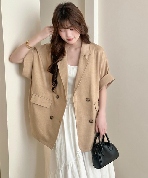 DAY CLOSET(デイ クローゼット)の「【ナチュ可愛いリネンライク仕様】半袖 ダブルボタン テーラードジャケット レディース(テーラードジャケット・レディース・ベージュ/グレイッシュベージュ/ダークグレー・L/M)」の14枚目の写真