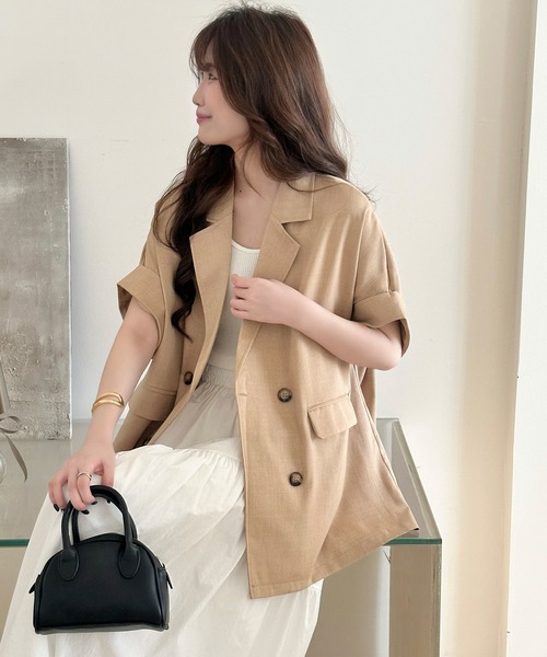 DAY CLOSET(デイ クローゼット)の「【ナチュ可愛いリネンライク仕様】半袖 ダブルボタン テーラードジャケット レディース(テーラードジャケット・レディース・ベージュ/グレイッシュベージュ/ダークグレー・L/M)」の15枚目の写真