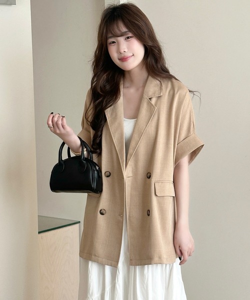 DAY CLOSET(デイ クローゼット)の「【ナチュ可愛いリネンライク仕様】半袖 ダブルボタン テーラードジャケット レディース(テーラードジャケット・レディース・ベージュ/グレイッシュベージュ/ダークグレー・L/M)」の16枚目の写真
