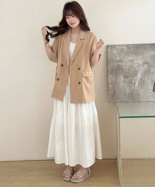 DAY CLOSET(デイ クローゼット)の「【ナチュ可愛いリネンライク仕様】半袖 ダブルボタン テーラードジャケット レディース(テーラードジャケット・レディース・ベージュ/グレイッシュベージュ/ダークグレー・L/M)」の18枚目の写真