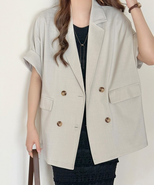 DAY CLOSET(デイ クローゼット)の「【ナチュ可愛いリネンライク仕様】半袖 ダブルボタン テーラードジャケット レディース(テーラードジャケット・レディース・ベージュ/グレイッシュベージュ/ダークグレー・L/M)」の20枚目の写真