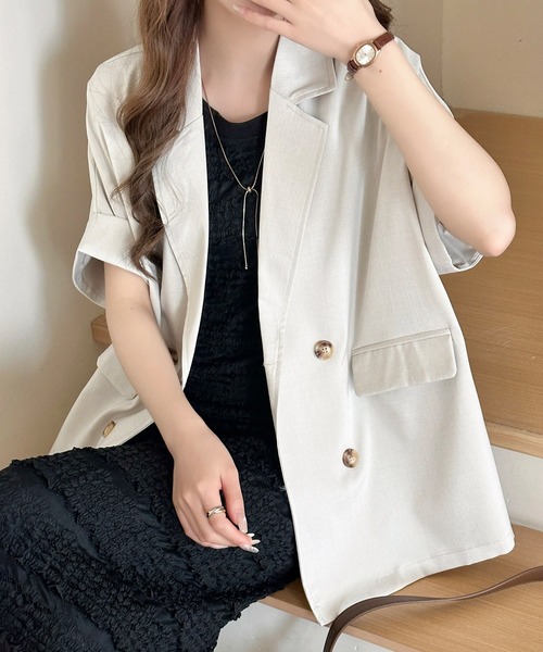 DAY CLOSET(デイ クローゼット)の「【ナチュ可愛いリネンライク仕様】半袖 ダブルボタン テーラードジャケット レディース(テーラードジャケット・レディース・ベージュ/グレイッシュベージュ/ダークグレー・L/M)」の21枚目の写真