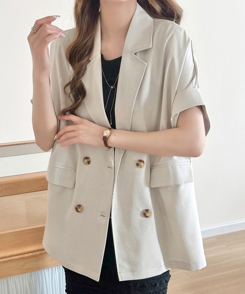 DAY CLOSET(デイ クローゼット)の「【ナチュ可愛いリネンライク仕様】半袖 ダブルボタン テーラードジャケット レディース(テーラードジャケット・レディース・ベージュ/グレイッシュベージュ/ダークグレー・L/M)」の22枚目の写真