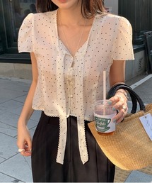 ドット柄リボンタイ半袖ブラウス