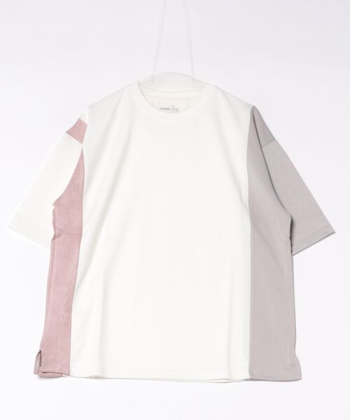 ATELANE(アテレーン)の「/ATELANE/ポンチ+スエードポンチ サイド切り替え半袖TEE(Tシャツ/カットソー・メンズ・ホワイト・LARGE)」の1枚目の写真