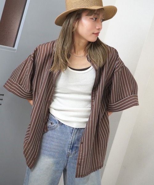 gossara(ゴサラ)の「【シアー素材×ストライプ柄】シアーストライプシャツ(シャツ/ブラウス・レディース・ブラウン/ベージュ/チャコール・FREE)」の2枚目の写真