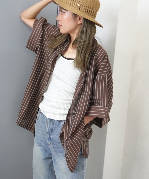 gossara(ゴサラ)の「【シアー素材×ストライプ柄】シアーストライプシャツ(シャツ/ブラウス・レディース・ブラウン/ベージュ/チャコール・FREE)」の9枚目の写真