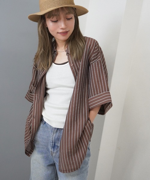 gossara(ゴサラ)の「【シアー素材×ストライプ柄】シアーストライプシャツ(シャツ/ブラウス・レディース・ブラウン/ベージュ/チャコール・FREE)」の8枚目の写真