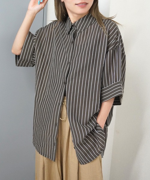 gossara(ゴサラ)の「【シアー素材×ストライプ柄】シアーストライプシャツ(シャツ/ブラウス・レディース・ブラウン/ベージュ/チャコール・FREE)」の18枚目の写真