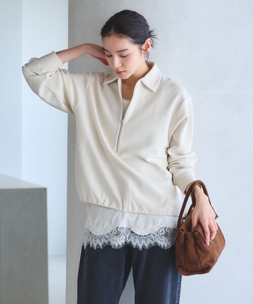 BEAUTY&YOUTH UNITED ARROWS(ビューティーアンドユースユナイテッドアローズ)の「【WEB限定 Wardrobe DAILY MINIMAL】ダンボールジャージー ハーフジッププルオーバー(Tシャツ/カットソー・レディース・オフホワイト/クリーム/ブラック・FREE)」の2枚目の写真
