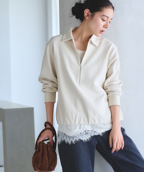 BEAUTY&YOUTH UNITED ARROWS(ビューティーアンドユースユナイテッドアローズ)の「【WEB限定 Wardrobe DAILY MINIMAL】ダンボールジャージー ハーフジッププルオーバー(Tシャツ/カットソー・レディース・オフホワイト/クリーム/ブラック・FREE)」の4枚目の写真