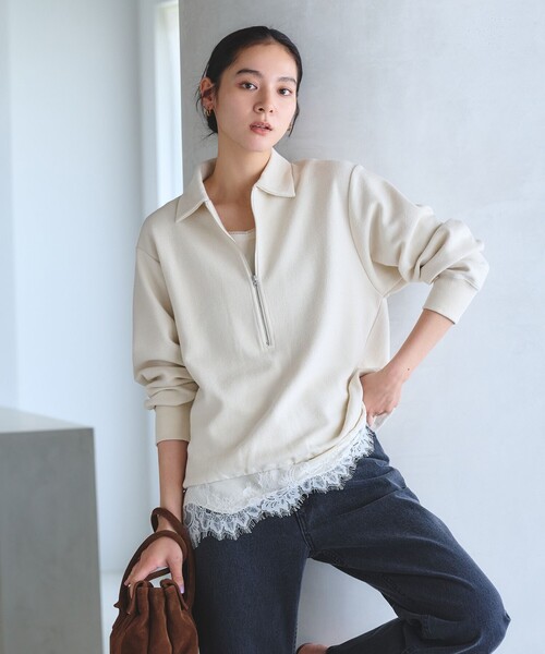 BEAUTY&YOUTH UNITED ARROWS(ビューティーアンドユースユナイテッドアローズ)の「【WEB限定 Wardrobe DAILY MINIMAL】ダンボールジャージー ハーフジッププルオーバー(Tシャツ/カットソー・レディース・オフホワイト/クリーム/ブラック・FREE)」の5枚目の写真