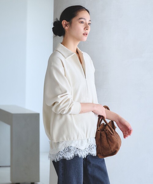 BEAUTY&YOUTH UNITED ARROWS(ビューティーアンドユースユナイテッドアローズ)の「【WEB限定 Wardrobe DAILY MINIMAL】ダンボールジャージー ハーフジッププルオーバー(Tシャツ/カットソー・レディース・オフホワイト/クリーム/ブラック・FREE)」の6枚目の写真
