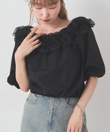 体型カバー◎/新色追加/ジャガード&無地】フリルサッシュブラウス 