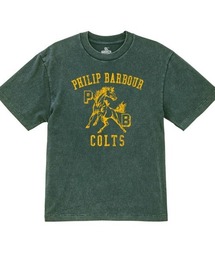 Ol' Basics(オール・ベーシックス) 半袖Tシャツ ヴィンテージライク バイオウォッシュ 馬 ホースイラスト ロゴ ひび割れ クラックプリント Tシャツ 半袖 トップス カットソー カレッジ アメカジ カジュアル メンズ レディース ユニセックス