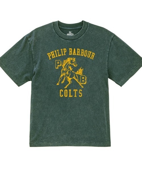 Ol' Basics(オールベーシックス)の「Ol' Basics(オール・ベーシックス) 半袖Tシャツ ヴィンテージライク バイオウォッシュ 馬 ホースイラスト ロゴ ひび割れ クラックプリント Tシャツ 半袖 トップス カットソー カレッジ アメカジ カジュアル メンズ レディース ユニセックス(Tシャツ/カットソー・メンズ・ブラック系/グリーン/イエロー系/ホワイト/ネイビー/レッド・XL/L/M/XXL)」の4枚目の写真